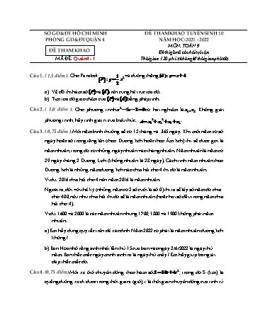 Đề tham khảo tuyển sinh Lớp 10 môn Toán - Mã đề Quận 4.1 - Năm học 2021-2022 - Phòng GD&ĐT Quận 4 (Có hướng dẫn giải)