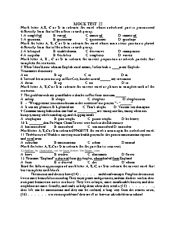 Đề thi thử vào Lớp 10 môn Tiếng Anh - Test 22 (Có đáp án)