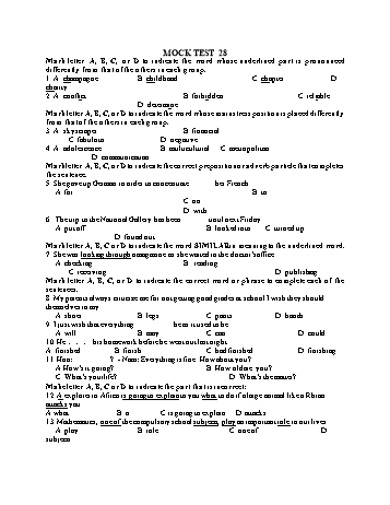 Đề thi thử vào Lớp 10 môn Tiếng Anh - Test 28 (Có đáp án)