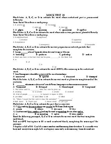 Đề thi thử vào Lớp 10 môn Tiếng Anh - Test 30 (Có đáp án)