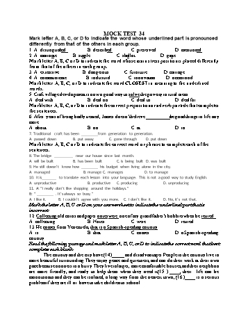 Đề thi thử vào Lớp 10 môn Tiếng Anh - Test 34 (Có đáp án)