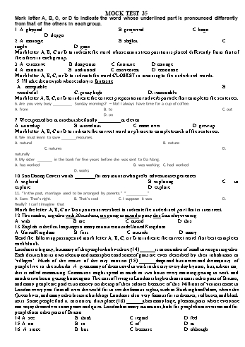 Đề thi thử vào Lớp 10 môn Tiếng Anh - Test 35 (Có đáp án)