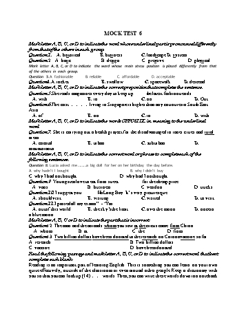 Đề thi thử vào Lớp 10 môn Tiếng Anh - Test 6 (Có đáp án)