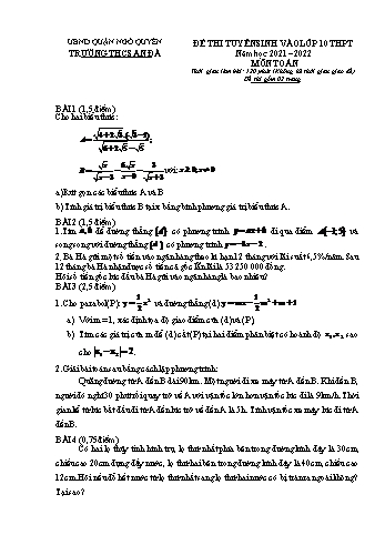 Đề thi tuyển sinh vào Lớp 10 THPT môn Toán - Đề số 1 - Năm học 2021-2022 - Trường THCS An Đà (Có hướng dẫn chấm)