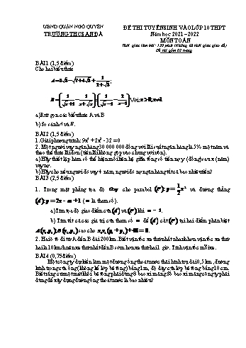 Đề thi tuyển sinh vào Lớp 10 THPT môn Toán - Đề số 2 - Năm học 2021-2022 - Trường THCS An Đà (Có hướng dẫn chấm)