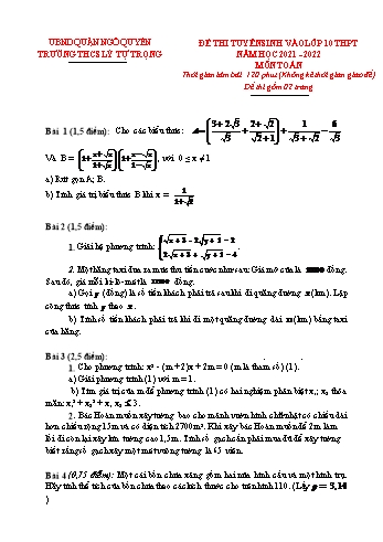 Đề thi tuyển sinh vào Lớp 10 THPT môn Toán - Năm học 2021-2022 - Trường THCS Lý Tự Trọng (Có hướng dẫn chấm)