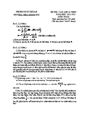 Đề thi vào Lớp 10 THPT môn Toán - Năm học 2021-2022 - Trường THCS Đằng Hải (Có hướng dẫn chấm)
