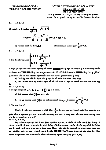 Kỳ thi tuyển sinh vào Lớp 10 THPT môn Toán - Đề số 1 - Năm học 2021-2022 - Trường THCS Chu Văn An (Có hướng dẫn chấm)