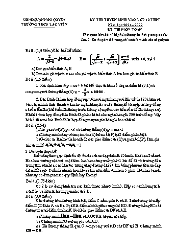 Kỳ thi tuyển sinh vào Lớp 10 THPT môn Toán - Đề số 1 - Năm học 2021-2022 - Trường THCS Lạc Viên (Có hướng dẫn chấm)