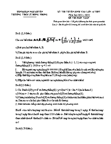 Kỳ thi tuyển sinh vào Lớp 10 THPT môn Toán - Đề số 1 - Năm học 2021-2022 - Trường THCS Lê Hồng Phong (Có hướng dẫn chấm)