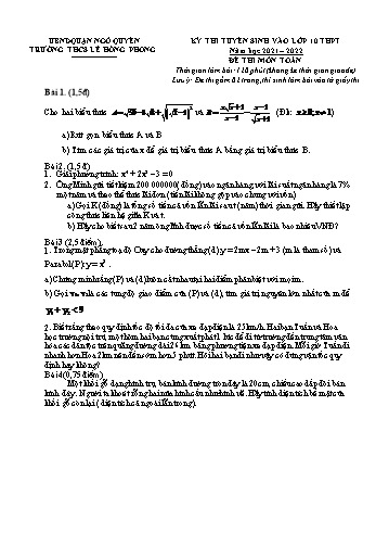 Kỳ thi tuyển sinh vào Lớp 10 THPT môn Toán - Đề số 2 - Năm học 2021-2022 - Trường THCS Lê Hồng Phong (Có hướng dẫn chấm)