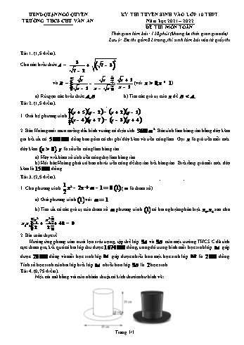 Kỳ thi tuyển sinh vào Lớp 10 THPT môn Toán - Đề số 2 - Năm học 2021-2022 - Trường THCS Chu Văn An (Có hướng dẫn chấm)