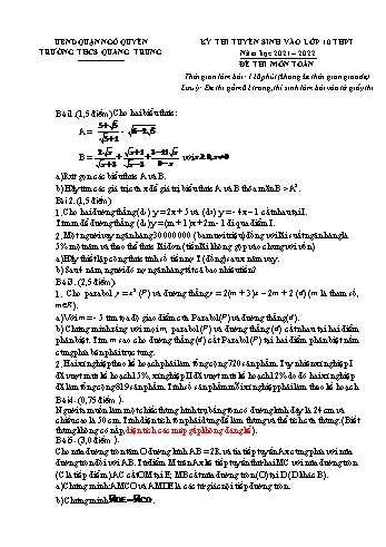 Kỳ thi tuyển sinh vào Lớp 10 THPT môn Toán - Đề số 2 - Năm học 2021-2022 - Trường THCS Quang Trung (Có hướng dẫn chấm)