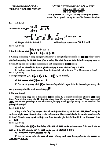 Kỳ thi tuyển sinh vào Lớp 10 THPT môn Toán - Đề số 3 - Năm học 2021-2022 - Trường THCS Chu Văn An (Có hướng dẫn chấm)