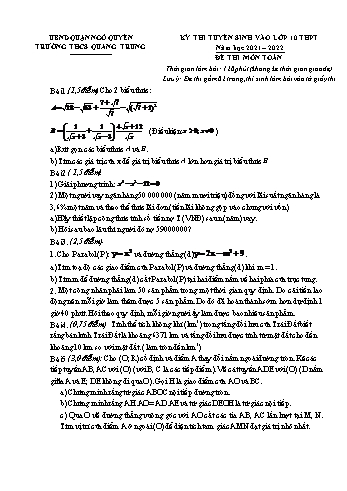 Kỳ thi tuyển sinh vào Lớp 10 THPT môn Toán - Đề số 3 - Năm học 2021-2022 - Trường THCS Quang Trung (Có hướng dẫn chấm)