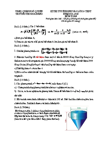 Kỳ thi tuyển sinh vào Lớp 10 THPT môn Toán - Đề số 3 - Năm học 2021-2022 - Trường THCS Đà Nẵng (Có hướng dẫn chấm)