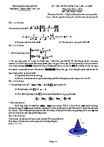 Kỳ thi tuyển sinh vào Lớp 10 THPT môn Toán - Đề số 4 - Năm học 2021-2022 - Trường THCS Chu Văn An (Có hướng dẫn chấm)