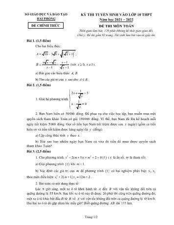 Kỳ thi tuyển sinh vào Lớp 10 THPT môn Toán - Năm học 2021-2022 - Sở GD&ĐT Hải Phòng (Có hướng dẫn chấm)