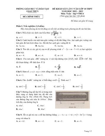 Đề khảo sát vào Lớp 10 THPT môn Toán - Năm học 2022-2023 - Phòng GD&ĐT Giao Thủy (Có hướng dẫn chấm)