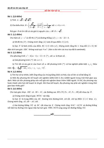 Đề ôn thi vào Lớp 10 môn Toán - Đề số 12 - Năm học 2023-2024 (Có lời giải chi tiết)