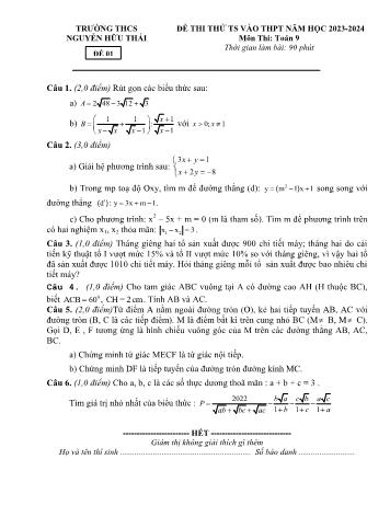 Đề thi thử tuyển sinh THPT môn Toán - Năm học 2023-2024 - Trường THCS Nguyễn Hữu Thái (Có hướng dẫn chấm)