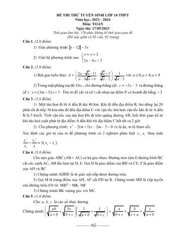 Đề thi thử tuyển sinh vào Lớp 10 THPT môn Toán - Năm học 2023-2024 - Phòng GD&ĐT Tứ Kỳ (Có hướng dẫn chấm)