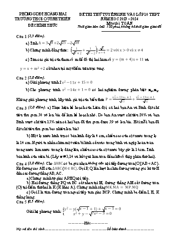 Đề thi thử tuyển sinh vào Lớp 10 THPT môn Toán - Năm học 2023-2024 - Trường THCS Quỳnh Thiện (Có hướng dẫn chấm)