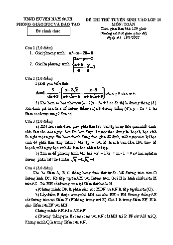 Đề thi thử tuyển sinh vào Lớp 10 THPT môn Toán - Năm học 2023-2024 - Phòng GD&ĐT Nam Sách (Có hướng dẫn chấm)