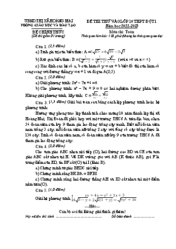 Đề thi thử vào Lớp 10 THPT môn Toán (Đợt 1) - Năm học 2022-2023 - Phòng GD&ĐT Hoàng Mai (Có hướng dẫn chấm)
