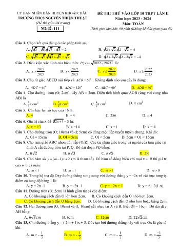 Đề thi thử vào Lớp 10 THPT môn Toán (Lần 2) - Mã đề 111 - Năm học 2023-2024 - Trường THCS Nguyễn Thiện Thuật (Có đáp án)