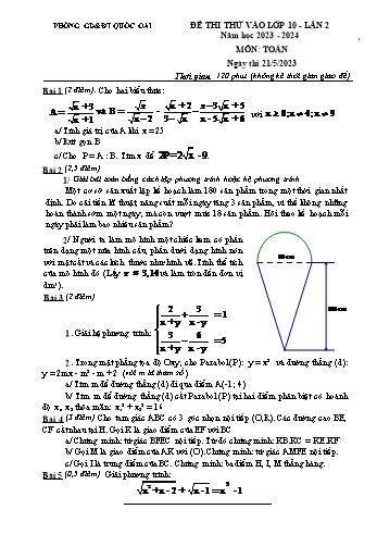 Đề thi thử vào Lớp 10 THPT môn Toán (Lần 2) - Năm học 2023-2024 - Phòng GD&ĐT Quốc Oai (Có hướng dẫn chấm)