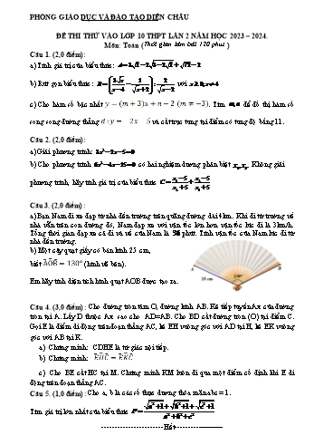 Đề thi thử vào Lớp 10 THPT môn Toán (Lần 2) - Năm học 2023-2024 - Phòng GD&ĐT Diễn Châu (Có hướng dẫn chấm)