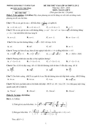 Đề thi thử vào Lớp 10 THPT môn Toán (Lần 2) - Năm học 2023-2024 - Phòng GD&ĐT Xuân Trường