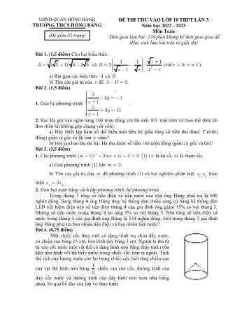 Đề thi thử vào Lớp 10 THPT môn Toán (Lần 3) - Năm học 2022-2023 - Trường THCS Hồng Bàng (Có hướng dẫn chấm)