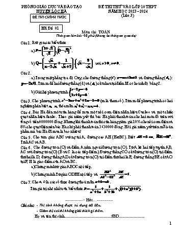 Đề thi thử vào Lớp 10 THPT môn Toán (Lần 3) - Năm học 2023-2024 - Phòng GD&ĐT Lộc Hà (Có hướng dẫn chấm)