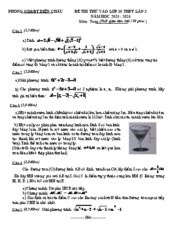 Đề thi thử vào Lớp 10 THPT môn Toán (Lần 3) - Năm học 2023-2024 - Phòng GD&ĐT Diễn Châu (Có hướng dẫn chấm)