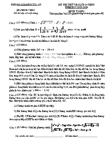 Đề thi thử vào Lớp 10 THPT môn Toán - Năm học 2023-2024 - Phòng GD&ĐT Cửa Lò (Có hướng dẫn chấm)