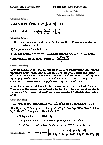 Đề thi thử vào Lớp 10 THPT môn Toán - Năm học 2023-2024 - Trường THCS Trung Đô (Có hướng dẫn chấm)