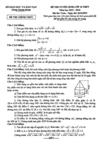 Đề thi tuyển sinh Lớp THPT môn Toán - Năm học 2023-2024 - Sở GD&ĐT Ninh Bình