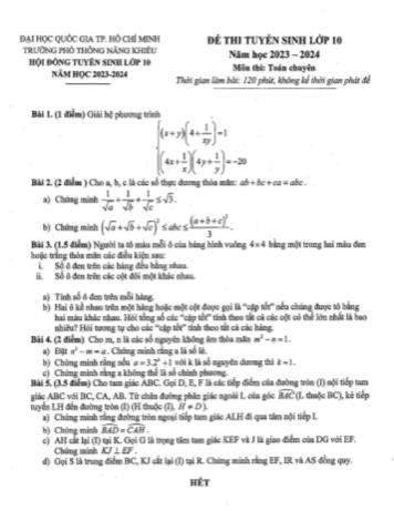 Đề thi tuyển sinh vào Lớp 10 môn Toán (Chuyên) - Năm học 2023-2024 - Trường Phổ thông Năng khiếu (Có đáp án)