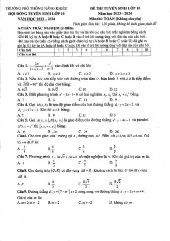 Đề thi tuyển sinh vào Lớp 10 môn Toán - Năm học 2023-2024 - Trường Phổ thông Năng khiếu (Có đáp án)