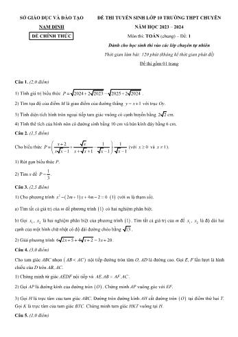Đề thi tuyển sinh vào Lớp 10 THPT chuyên môn Toán (Chung) - Đề 1 - Năm học 2023-2024 - Sở GD&ĐT Nam Định (Có hướng dẫn chấm)