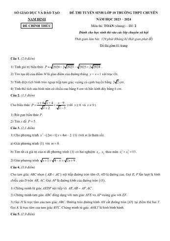 Đề thi tuyển sinh vào Lớp 10 THPT chuyên môn Toán (Chung) - Đề 2 - Năm học 2023-2024 - Sở GD&ĐT Nam Định (Có hướng dẫn chấm)