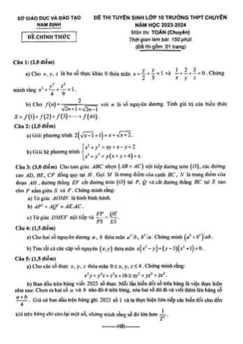 Đề thi tuyển sinh vào Lớp 10 THPT chuyên môn Toán (Chuyên) - Năm học 2023-2024 - Sở GD&ĐT Nam Định (Có lời giải chi tiết)