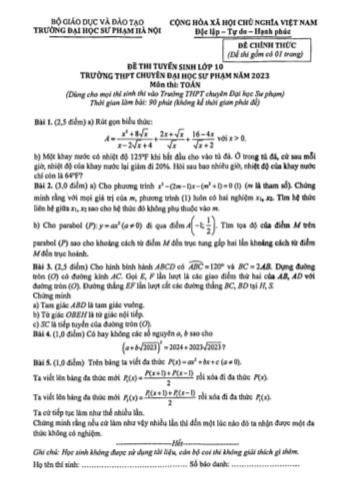 Đề thi tuyển sinh vào Lớp 10 THPT chuyên môn Toán - Năm học 2023-2024 - Trường Đại học Sư phạm (Có lời giải)