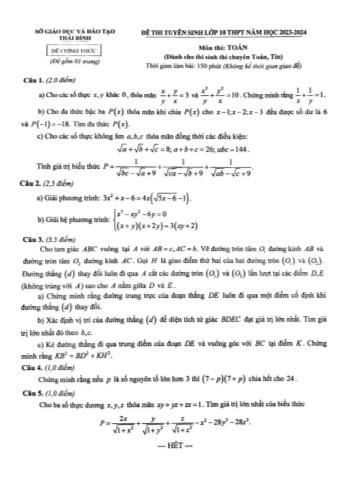 Đề thi tuyển sinh vào Lớp 10 THPT môn Toán (Chuyên Toán+Tin) - Năm học 2023-2024 - Sở GD&ĐT Thái Bình