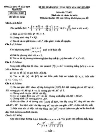 Đề thi tuyển sinh vào Lớp 10 THPT môn Toán - Năm học 2023-2024 - Sở GD&ĐT Thái Bình