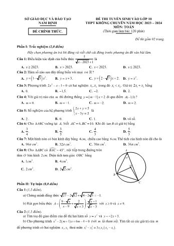 Đề thi tuyển sinh vào Lớp 10 THPT môn Toán - Năm học 2023-2024 - Sở GD&ĐT Nam Định (Có hướng dẫn chấm)