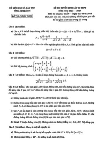 Đề thi tuyển sinh vào Lớp 10 THPT môn Toán - Năm học 2023-2024 - Sở GD&ĐT Ninh Bình