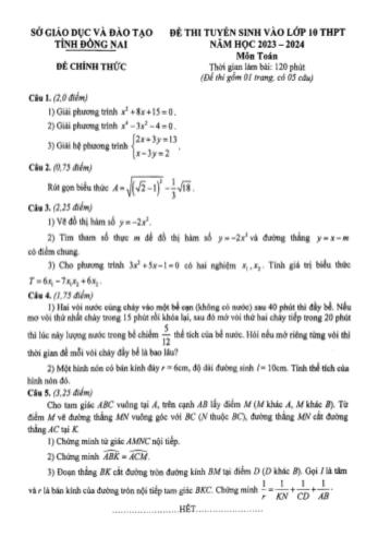 Đề thi tuyển sinh vào Lớp 10 THPT môn Toán - Năm học 2023-2024 - Sở GD&ĐT Đồng Nai